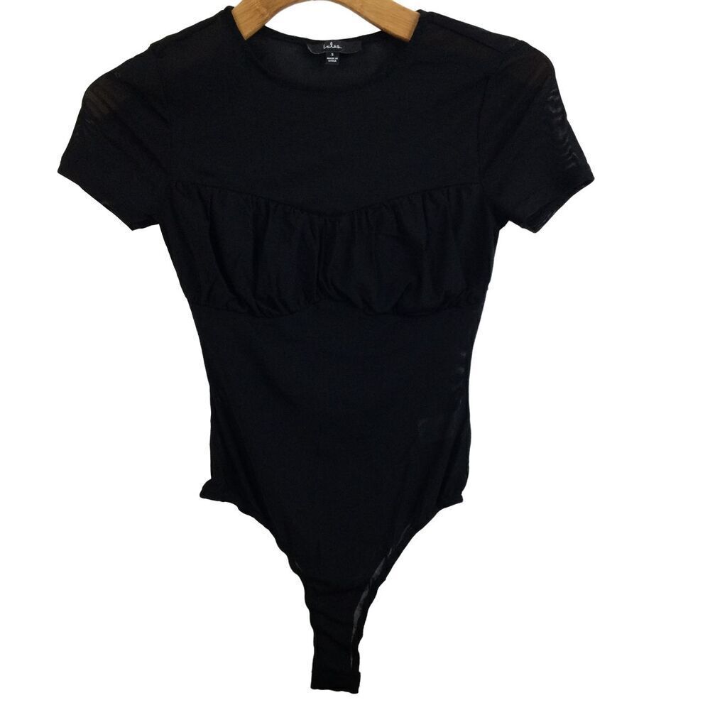 Lulus Womens Mesh Short Sleeve Round Neck Bodysuit Black Size Small